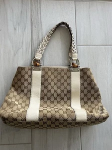 Gucci Beige/White GG Canvas Medium Bamboo Braided Shoulder Bag Tote Purse - Picture 1 of 24