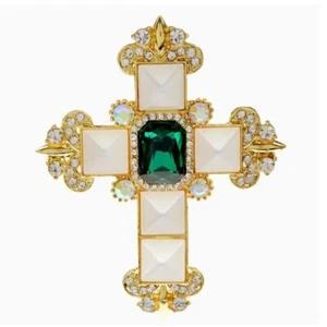 Cross Brooch with Green Rhinestone Center White & Gold Tone A/B Crystals - Picture 1 of 2
