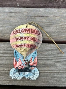 RARE VTG TRADE CARD COLUMBUS OHIO BUGGY CO. HOT AIR BALLOON BUGGY FLAGS DIE CUT - Picture 1 of 2