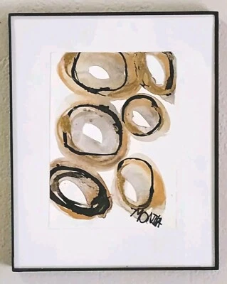 Pintura Modernista Abstracta Outsider Firmada Monika Acuarela Negra Orbes Dorados  Foto 1 de 4