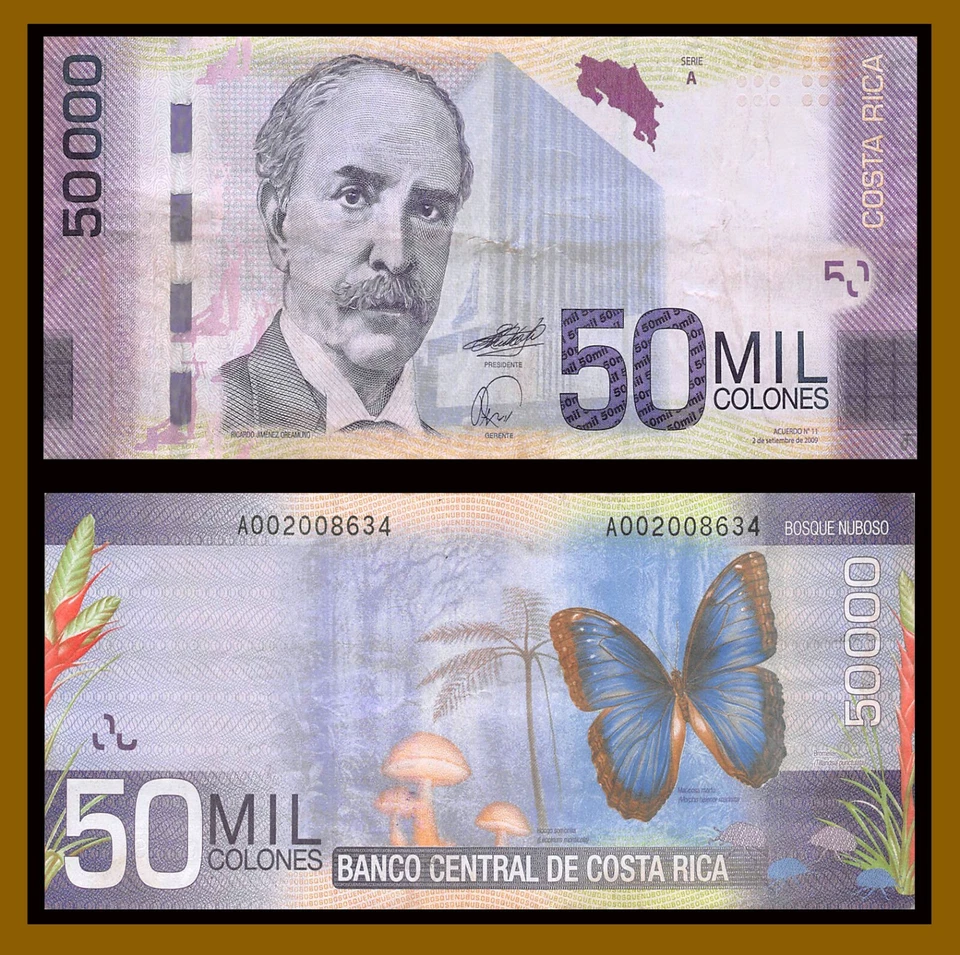 Costa Rica 50000 Colones, 2009 P-279 Morpho Butterfly Mushroom Cir-VF Scarce - Image 1 of 1