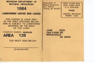 1984 MICHIGAN DNR LANDOWNERS LIMITED DEER LICENSE PERMIT -MICHIGAN DEER-BEAR - Picture 1 of 1