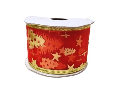 2" 5cm - 2.9y x 2roll X'mas Tree Sheer Red Gold Metallic Wired Edge Ribbon PR44 - Image 1 of 4