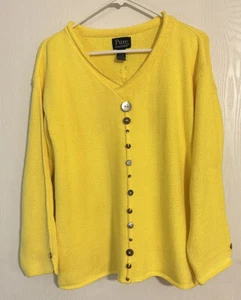 Pure Handknit V-neck Long Sleeve Sweater Yellow Pullover Button Accents M / L - Picture 1 of 6