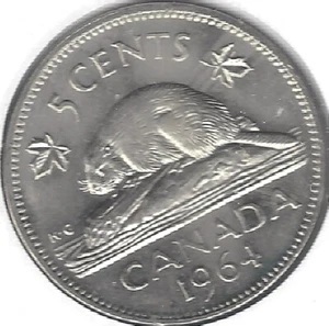 1964 CANADA, 5c, Nickel, Elizabeth II, uncirculated (COIN, MONEY, COLLECTIBLE) - Picture 1 of 3