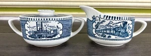 Currier & Ives Royal China : Cream & Lidded Sugar : Mississippi Steamboat, Train - Picture 1 of 5