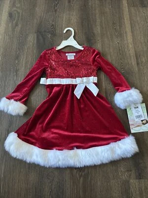 NWT Girls Bonnie Jean Size 4 Christmas Red Sequin & White Faux Fur Velvet Dress - Image 1 of 2