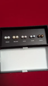 NYC Sterling Silver Multicolored Pearl Earring Set Peace Believe Love Hope Faith - Picture 1 of 4