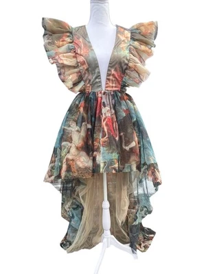 Akira Romantic Chiffon Ruffles Renaissance Oil Painting Art Hi Low Party Dress S - Image 1 of 4
