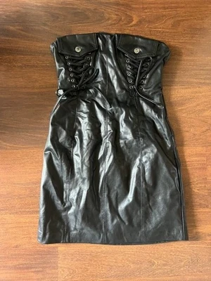 Mini Vestido Forever 21 Negro Imitación Cuero Sin Tirantes M Corsé con Cordones Y2K Punk Foto 1 de 4