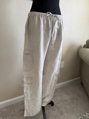 FLAX 100% linen L large beige cropped pants elastic waist cargo pockets EUC - Image 1 of 4