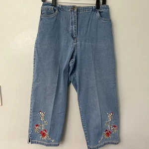 Denim & Co Womens Small Capri Pants Blue Denim Floral Embroidered High Rise - Picture 1 of 7