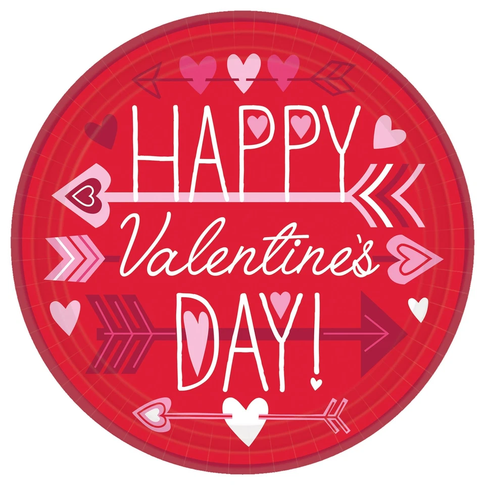 Valentine Wishes Red Pink Hearts Holiday Theme Party 9" Paper Dinner Plates - Image 1 of 1