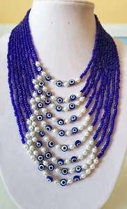 18 Zoll Marine Farbe Evil Eye Perlen und Marineblau Mehrlagig Rocailles Halskette - Bild 1 von 10