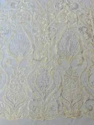 Tela de cuentas de damasco hoja - marfil - lentejuelas bordadas tela de cuentas pesadas patio Foto 1 de 4