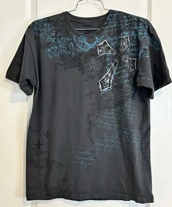 ANCHORBLUE MEDIEVAL CROSS SHIELD MACE & SPEAR GRAY T-SHIRT PUNK GOTH MENS LG HTF - Picture 1 of 6