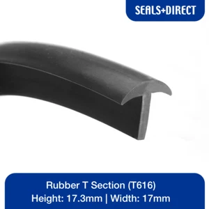 Black EPDM Rubber T Section (T616) - Height: 17.3mm, Width: 17mm, Wall: 3mm - Picture 1 of 2