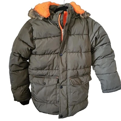 Olive Green Puffer Boys Jacket Sz 8 Neon Orange Hood Pockets Fx Fur Members Mark - Image 1 of 4