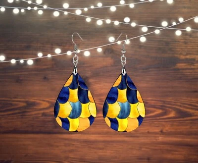 Blue and Yellow Abstract Tear Drop Earrings Wood Dangle Earrings Hypoallergenic - Image 1 of 4