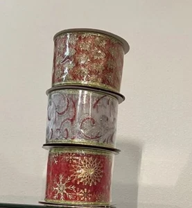 Lot of 3 Christmas Ribbon Gold, red mixed 2.5inch x 24 Feet Each Sheer Glitter - Picture 1 of 5