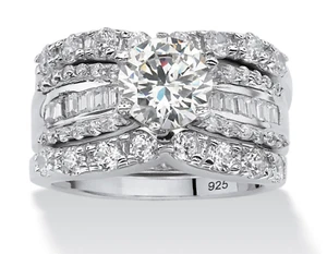 ROUND CZ BRIDAL 3 RING SET PLATINUM STERLING SILVER 6 7 8 9 10 - Picture 1 of 2