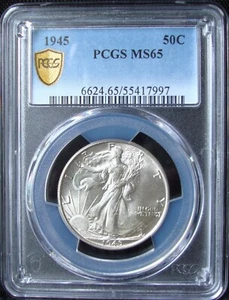 1945 Walking Liberty Silver Half Dollar - PCGS MS 65 - Gold Shield - Picture 1 of 5