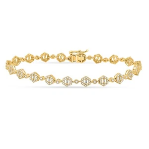 1 CT Round Cut I2 H Natural Diamond Halo Tennis Bracelet 10K Yellow Gold 8.5" - Picture 1 of 6