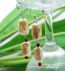 SALE 10*15mm Pink Rectangle Natural FW Pearl and 3-4mm Red Coral Earring-ear580 - Picture 1 of 4