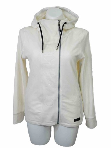 OFF WHITE Felpa con cappuccio Calvin Klein Performance crema XXL elasticizzata pile asimmetrica cerniera intera