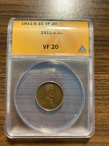 1911-S Lincoln Wheat Penny Cent 1C ANACS VERY FINE 20 VF20 Type 1, Wheat Reverse - Picture 1 of 4
