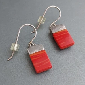 Sterling Silver Red Stone Dangle Earrings Rectangles Thailand 1 1/8" - Picture 1 of 6