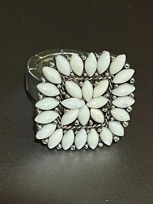 Tiny White Plastic Pinched Oval Cab Square Flower Medallion Pewter Stretch Ring - Image 1 of 4