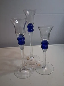 3 Clear & Cobalt Blue Stemmed Candleholders Graduating Sizes - Picture 1 of 4