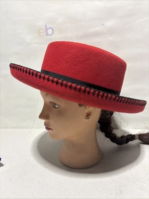 Vintage Toucan Red Felt Wool Hat With Black Ribbon Stitching Christmas - Image 1 of 4
