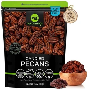 Candied Pecans Honey Glazed Praline, No Shell, Premium All Natural Kosher - Picture 1 of 11