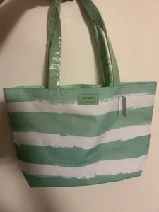 Clinique X Drawbertson Beauty Shopping Large Travel Tote Bag Green White Strip - Picture 1 of 3