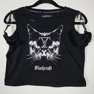 Blackcraft Cult Cat 666 Worship Goth 女式 XS 无袖黑色图案上衣 — 第 1/4 张图片