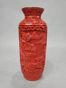 Jarrón de colección chino rojo cinabrio tallado laca decorativa latón esmalte azul 8" - Imagen 1 de 9