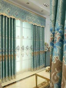 European embroidered blue shading blackout curtain tulle valance drape M833 - Picture 1 of 12