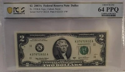 $2 2003A Federal Reserve Note, Dallas - Choice UNC 64 PPQ, Great Collector's Ite - Image 1 of 2