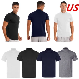 Mens T-Shirt Mock Turtleneck Solid Short Sleeve Pullover Basic Undershirt Top - Picture 1 of 51