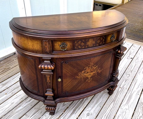 1920 Mohlhenrich Mixed Wood Inlaid Demilune Cabinet Walnut Mahogany & Burl Wood Cover