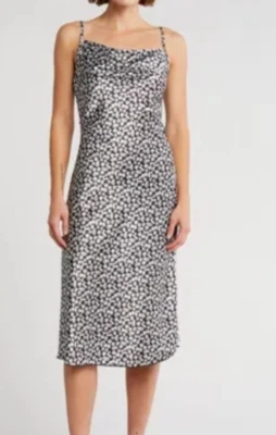 Bebe Black White Ditzy Floral Midi Slip Dress Size L Stretch Satin NEW Holiday - Image 1 of 4