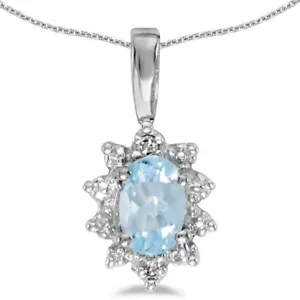 10k White Gold Oval Aquamarine And Diamond Pendant with 18" Chain - Picture 1 of 3