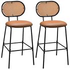 Set of 2 Bar Stools Dining Counter Height Chair Padded Seat With Rattan Backrest