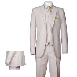 Men's 3 Piece Fashion Striped Seersucker Suit With Vest&Pants Slim Fit 2 Button 