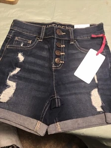 Justice Girls High Rise Mini Mom Denim Shorts Size 10 Dark Wash Button Fly - Picture 1 of 8