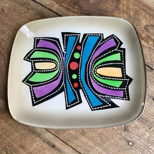 Mid-Century Modern Abstract Graphic Art Glass Tray Dish Felt Backed 9.5” Across - Picture 1 of 12