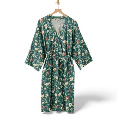 Азиатский халат кимоно из органического хлопка Garnet Hill размер XL бирюзовый садовый цветочный узор - Изображение 1 из 4