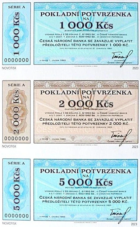 1000 - 5000 Korun Czech Republic emergency banknotes 1993 UNC official reprint - Image 1 of 1